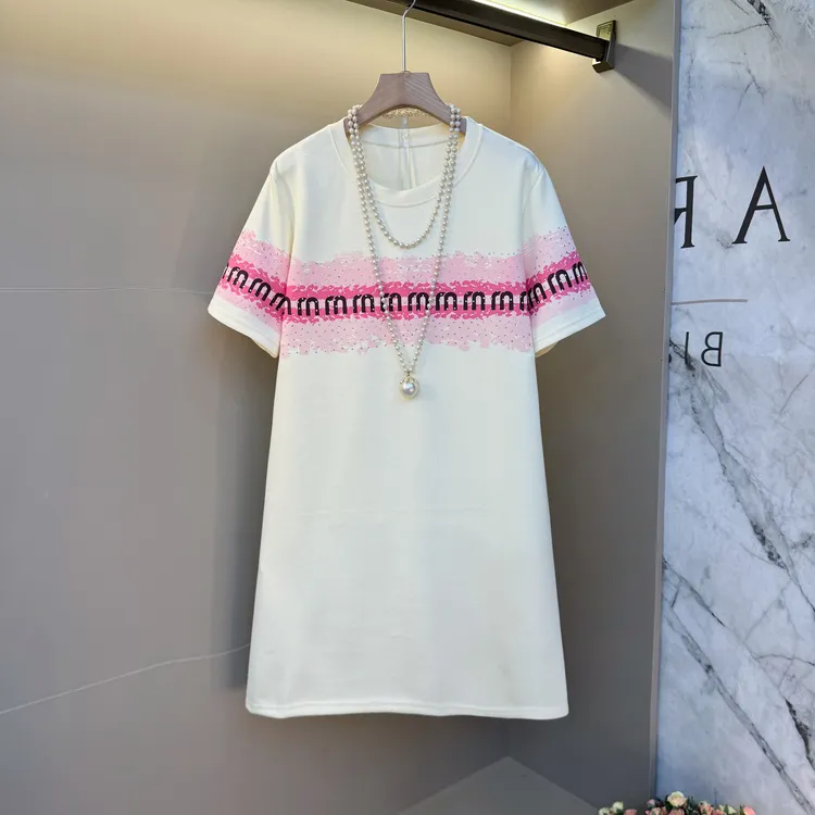 新款休闲2025夏季圆领拼色字母镶钻复古大码女装宽松显瘦t恤裙