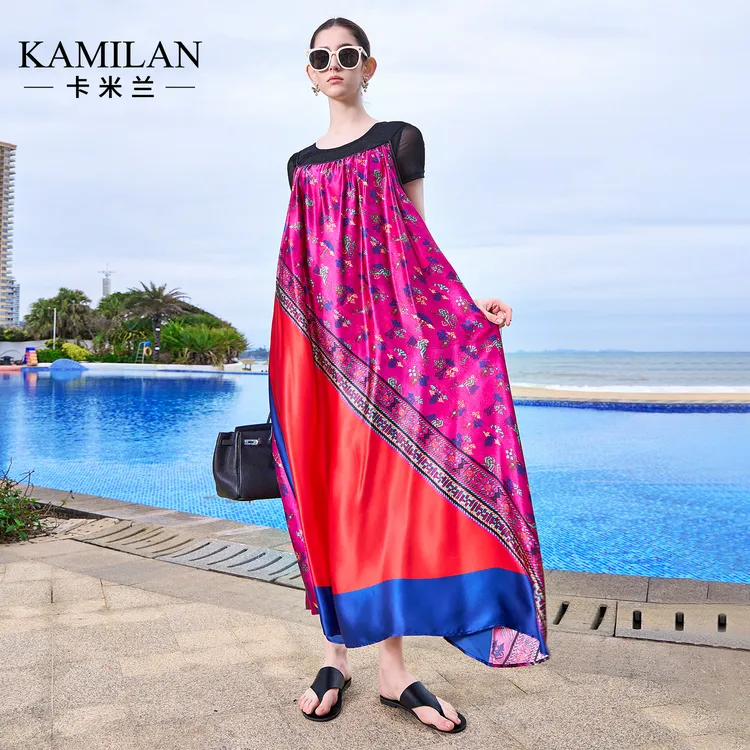 [100桑蚕丝]卡米兰海边度假真丝连衣裙女2025夏季新款沙滩裙长裙