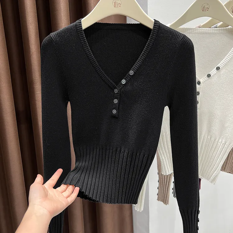 黑色新款V领针织长袖打底衫2025秋冬韩系慵懒风柔软亲肤内搭T恤