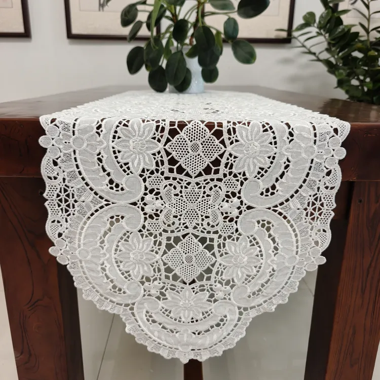 水溶镂空欧式刺绣贴布长方形白色桌旗适用于茶几电视柜