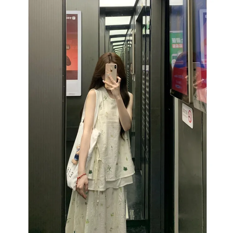 2025夏季新款法式甜美气质假两件设计感背心上衣搭配半身裙两件套