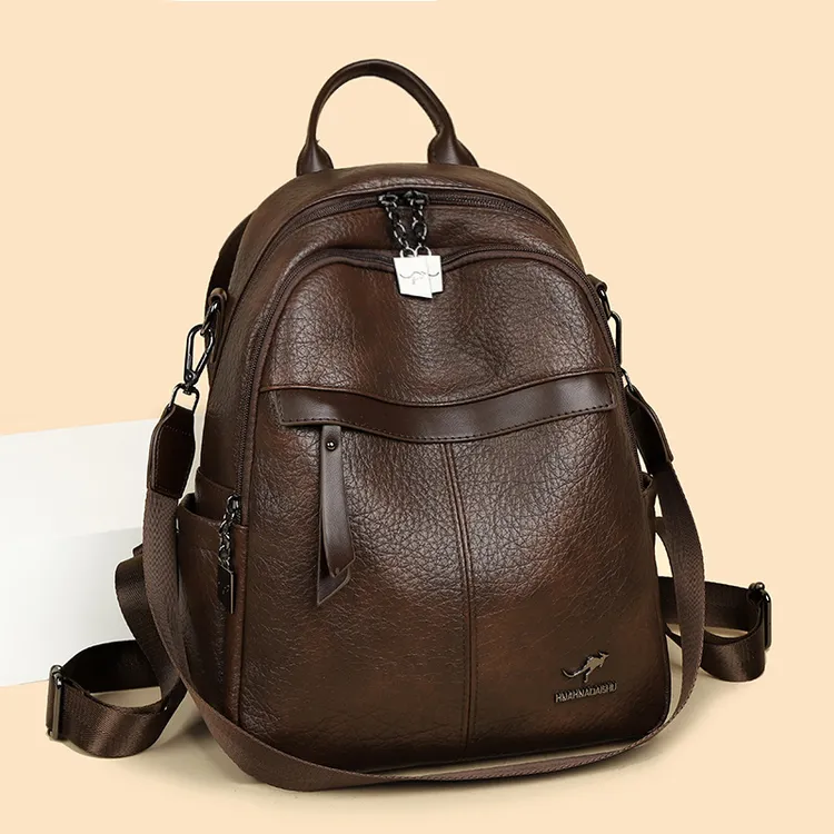 花花袋鼠真皮双肩背包包女2025新款时尚书包百搭旅行大容量外出女