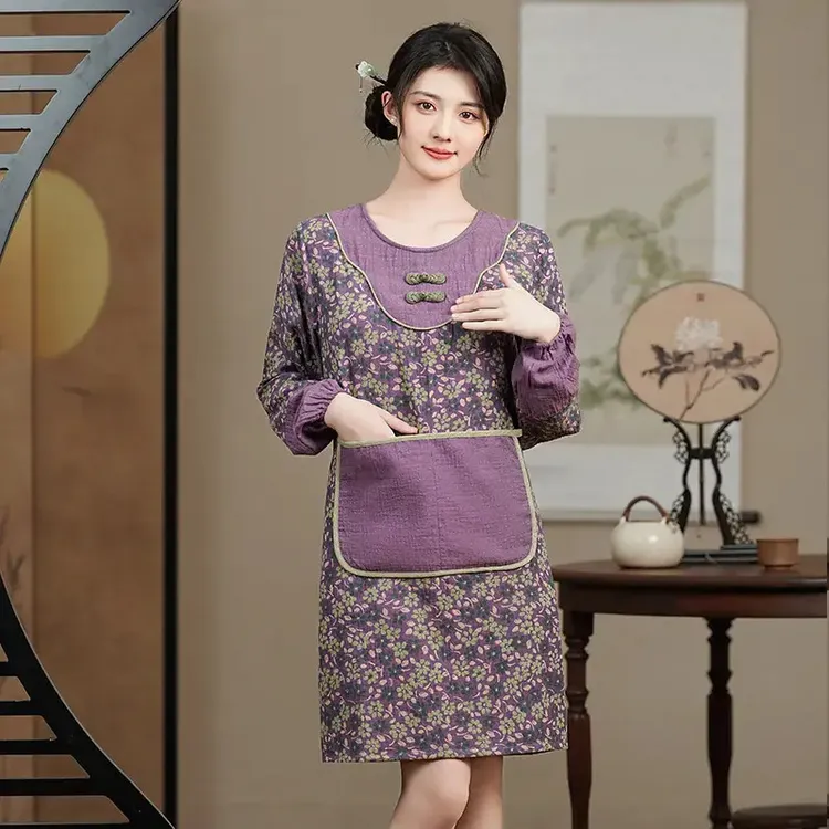 2025新款家用厨房围裙中式复古手盘扣新款防水防油罩衣成人女