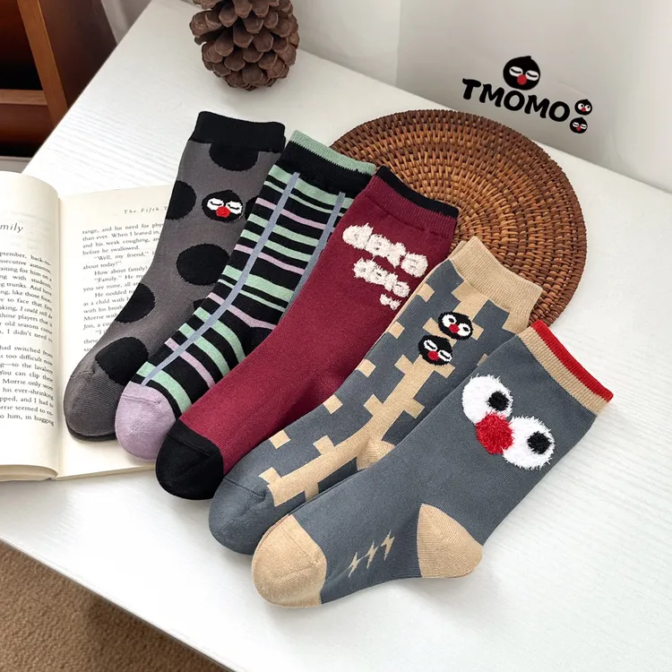 兔默默TMOMO秋冬中筒袜卡通动物大眼睛时尚彩色高端袜子（5双）