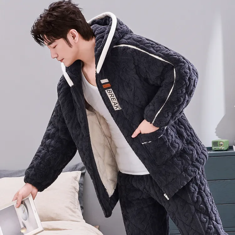 连帽秋冬季男士睡衣珊瑚绒冬款加厚加绒保暖法兰绒三层夹棉家居服