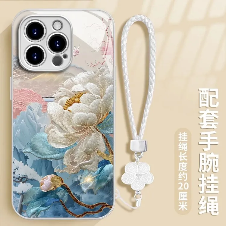 夏日荷花挂绳适用苹果16玻璃手机壳新款华为小众oppo创意小米vivo