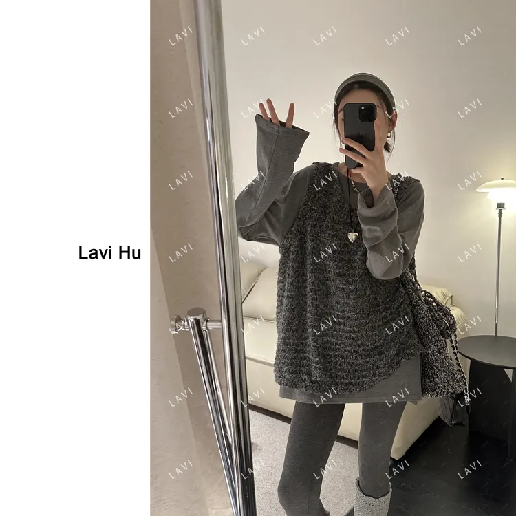 栖鸦 灰色叠穿马甲百搭时尚毛毛背心LW7016