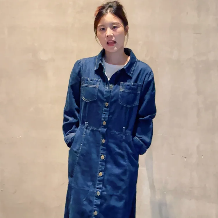 秋季新款休闲复古风长袖牛仔连衣裙女中长款显瘦裙子