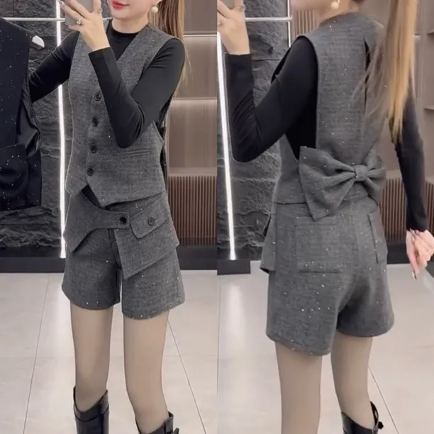 2025冬季新款时尚高级感满天星蝴蝶结马甲+裤子+小衫三件套9946