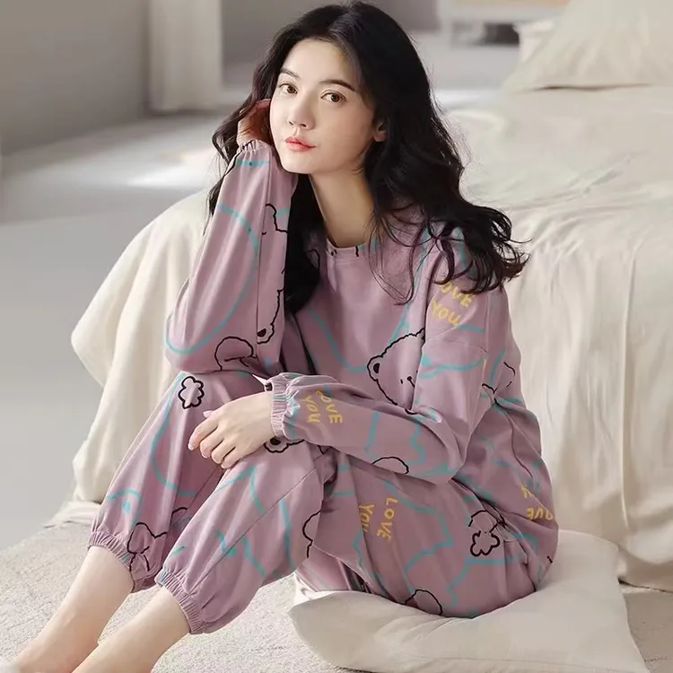 2025新款带胸垫卡通睡衣女春秋季长袖圆领套头束脚休闲家居服套装