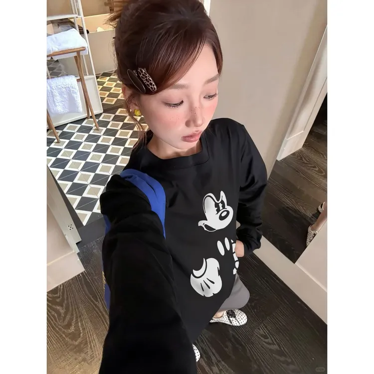 早秋新款纯棉圆领套头长袖t恤女韩系休闲慵懒风遮肉显瘦上衣