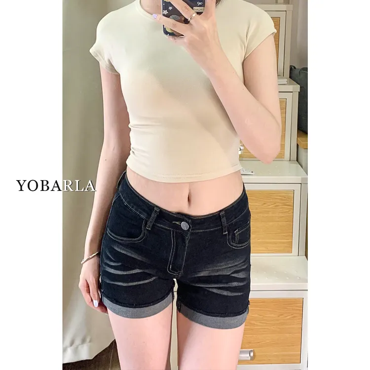 深蓝色牛仔短裤女夏季新款梨形身材大码胖mm显瘦高腰弹力a字热裤