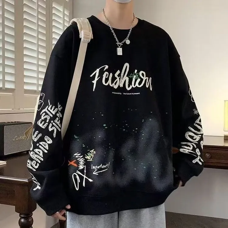 卫衣男春秋季潮流ins港风宽松加肥加大圆领上衣服设计感百搭长袖