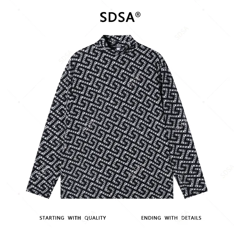 SDSA男士秋冬新款痞帅男装美式撞色满印字母半高领长袖T恤百搭潮