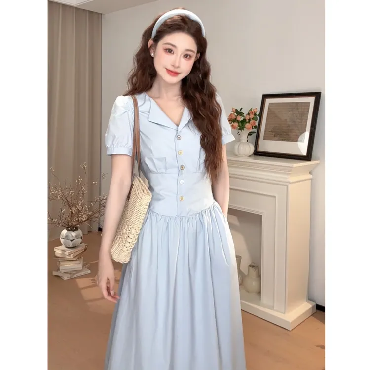 法式气质蓝色连衣裙子女夏季2025新款今年流行爆款掐腰长裙5165