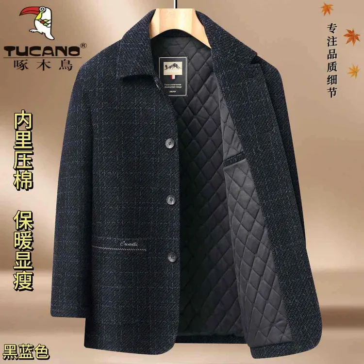 TUCANO/啄木鳥纽扣翻领雪尼尔加绒加厚中山装外套中老年爸爸装