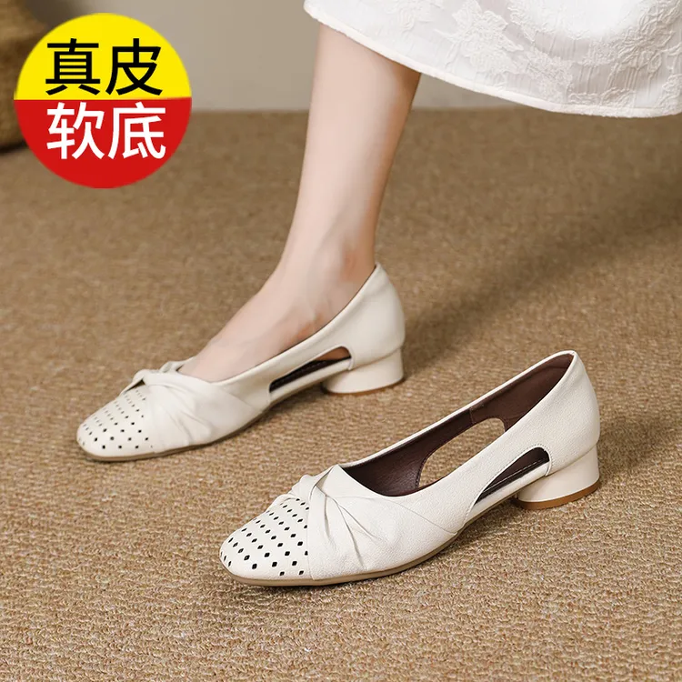 包头凉鞋女夏季新款真皮女鞋舒适百搭软底低跟鞋透气镂空一脚蹬鞋