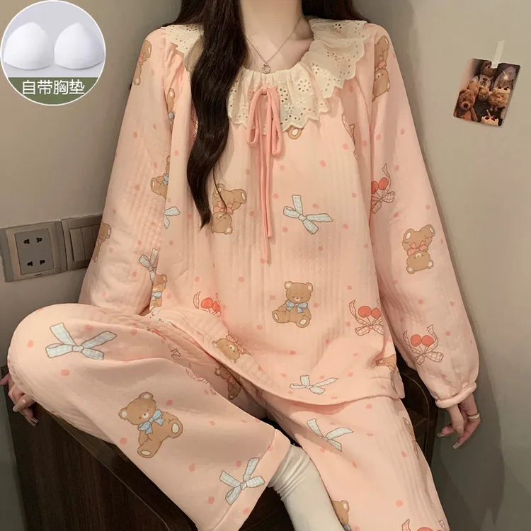 空气棉带胸垫睡衣女款秋冬季夹层2025新款卡通长袖厚家居服套装
