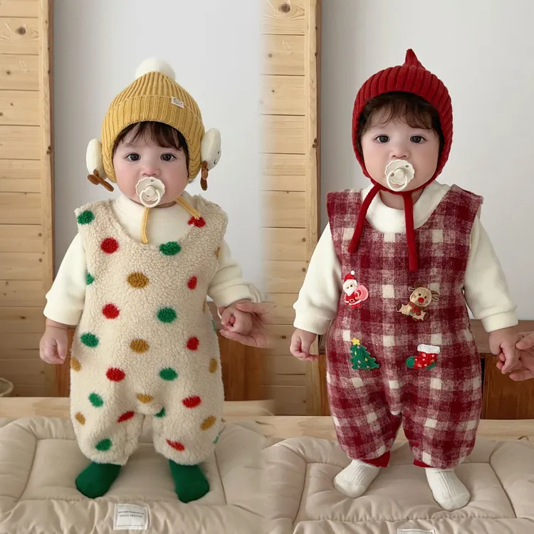 【加厚背带+加绒打底】秋冬保暖婴儿背带裤套装 彩虹点圣诞节衣服