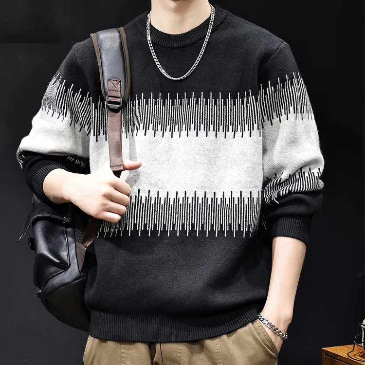 MR.MUDI/穆迪先生复古拼接圆领毛衣男士宽松针织衫黑白条纹线衣