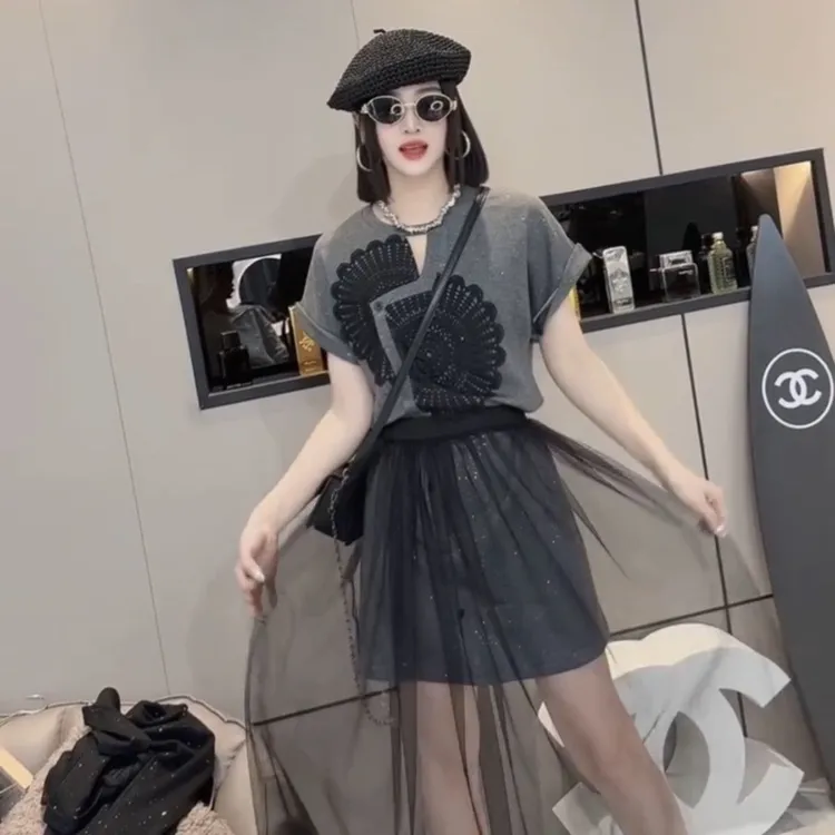 612高级感轻奢短袖网纱两件套连衣裙2025夏新款时尚气质显瘦裙子