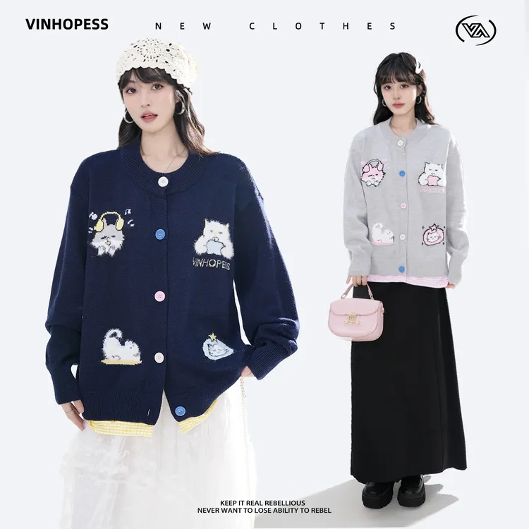 秋季新款甜美风彩色纽扣卡通提花情侣宽松毛衣开衫MY921