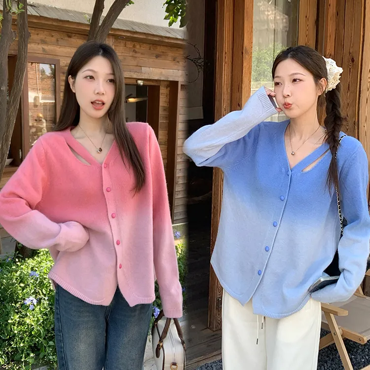 清大码女2025秋冬渐变甜美针织开衫设计感镂空外穿毛衣68631