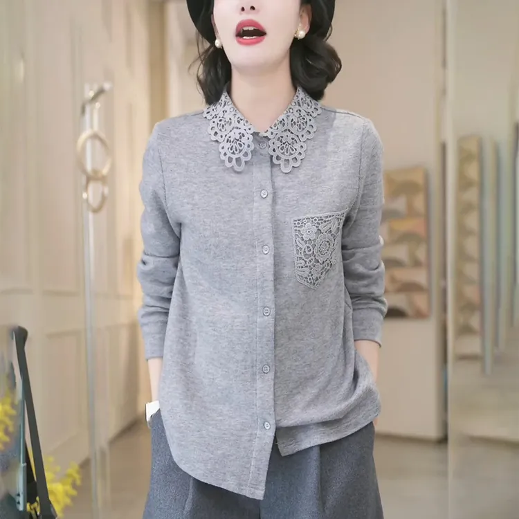 翻领花边蕾丝衬衫女士2025秋季轻奢高级感修身显瘦内搭打底衫上衣