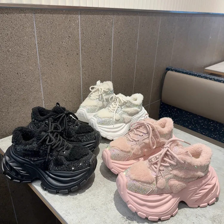 欧货重工水钻毛毛厚底老爹鞋女ins潮加绒增高棉鞋保暖休闲运动鞋