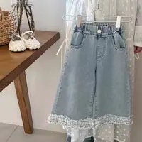 童装女童女宝裤子网红炸街牛仔裤新款春季洋气儿童时髦花边阔腿裤