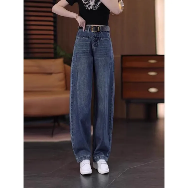 深色窄版高腰弯刀裤女2025春秋新款时尚宽松显瘦百搭阔腿牛仔裤
