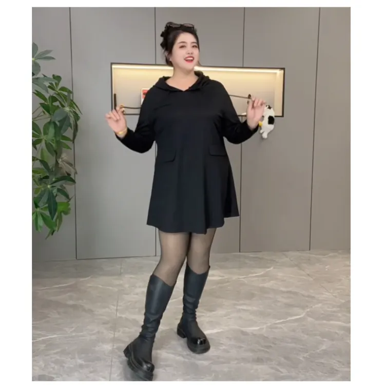 秋季新款大码女装宽松休闲连帽A版卫衣裙胖妹妹遮肚子显瘦9663
