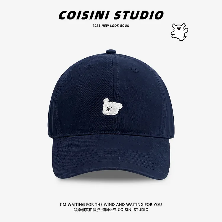 日系复古小狗刺绣棒球帽女韩版大头围显脸小情侣鸭舌帽宽帽檐百搭