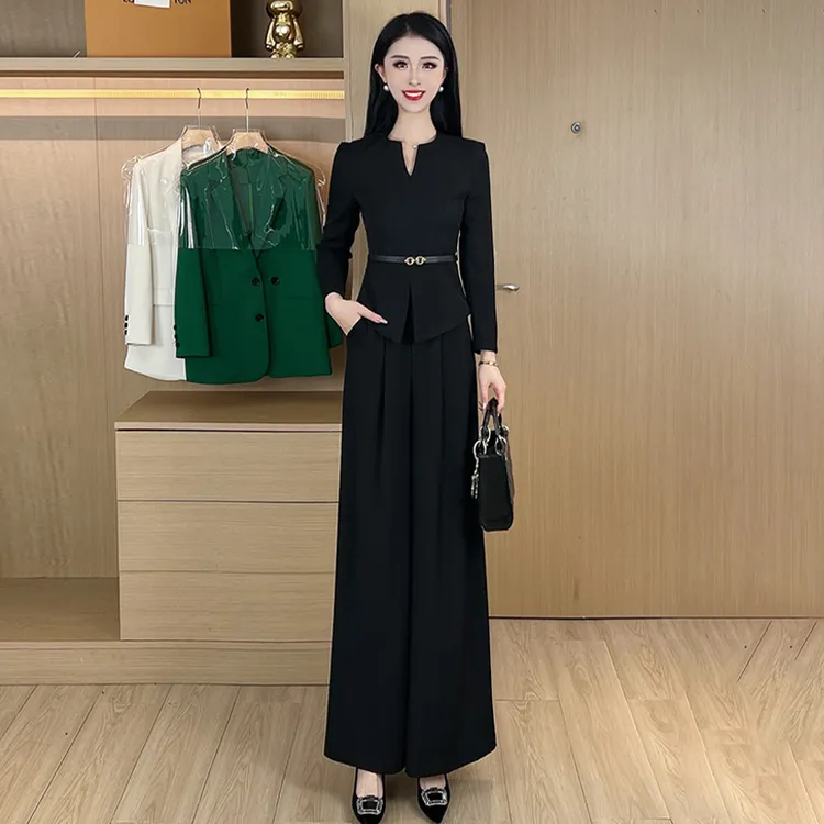 法式轻奢休闲套装女2025春秋新款设计感气质v领上衣阔腿裤两件套