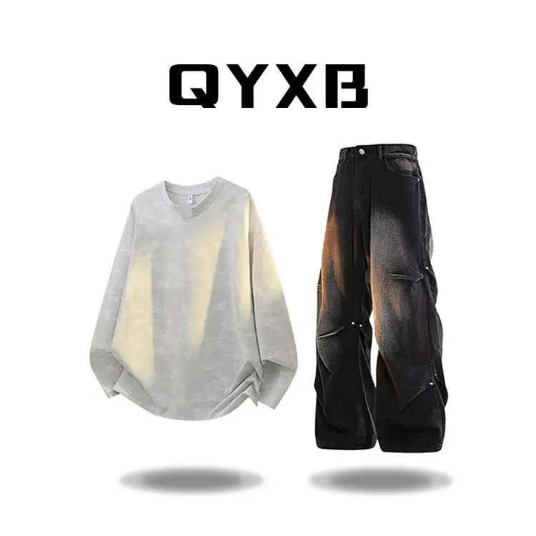 【品牌正品现货】QYXB扎染长袖T恤套装男秋季宽松休闲时尚牛仔长裤