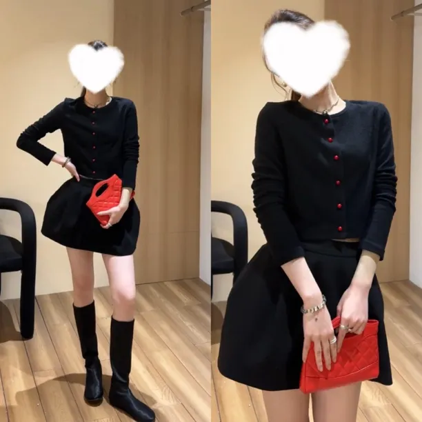 韩系简约千金慵懒风减龄显瘦长袖针织上衣搭配高级感A字裙两件套