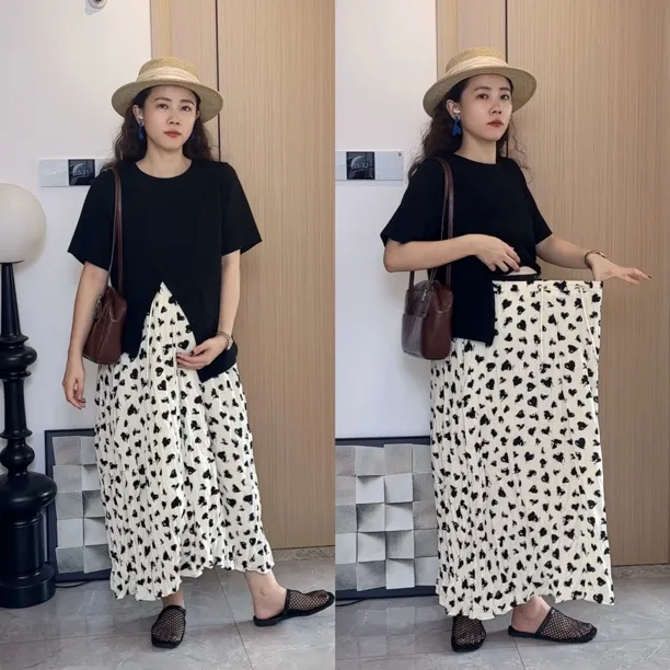 梨形身材穿的孕妇装夏季两件套减龄开叉短袖T恤无托腹半身裙套装