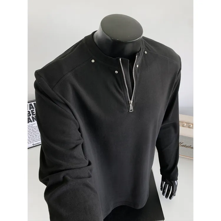 铆钉拼接半拉链重磅正肩长袖t恤男春秋美式复古潮牌痞帅宽松上衣