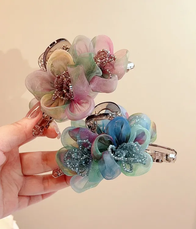 法式晕染梦幻紫色花朵手工娟纱后脑勺抓夹A20