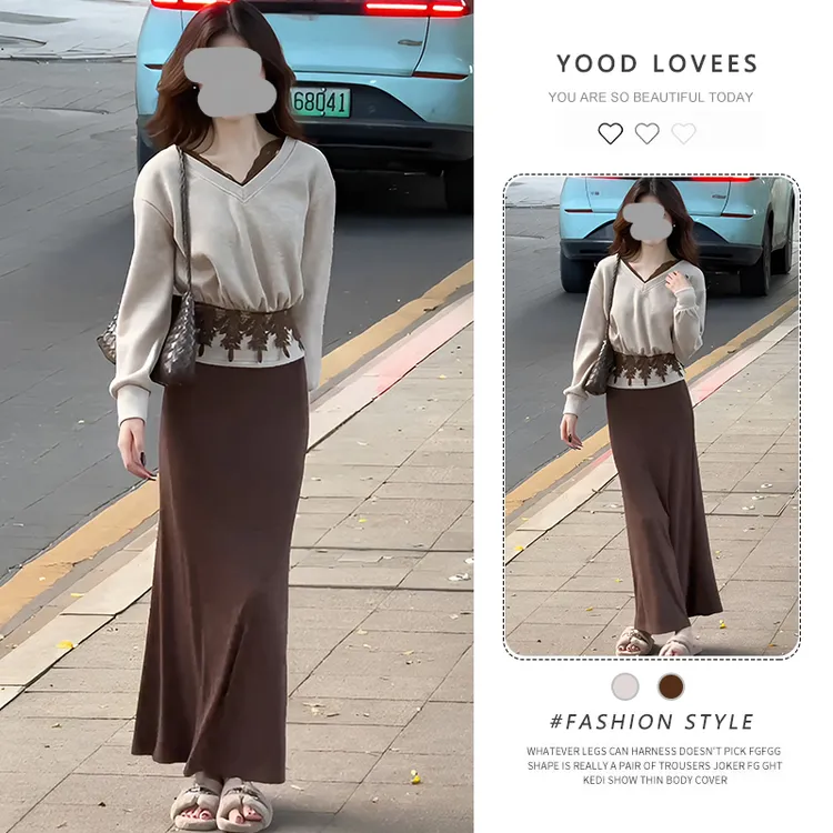 复古风气质v领蕾丝拼接上衣女2025春秋新款高腰直筒半身裙两件套