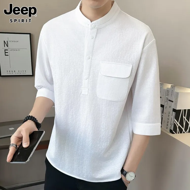 JEEPSPIRIT夏季七分袖体恤男棉麻半袖衬衣亚麻白色上衣中国风t恤