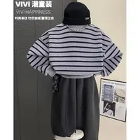 VIVI童装【灰色条纹】冬款亲子装中大童针织条纹加绒圆领卫衣