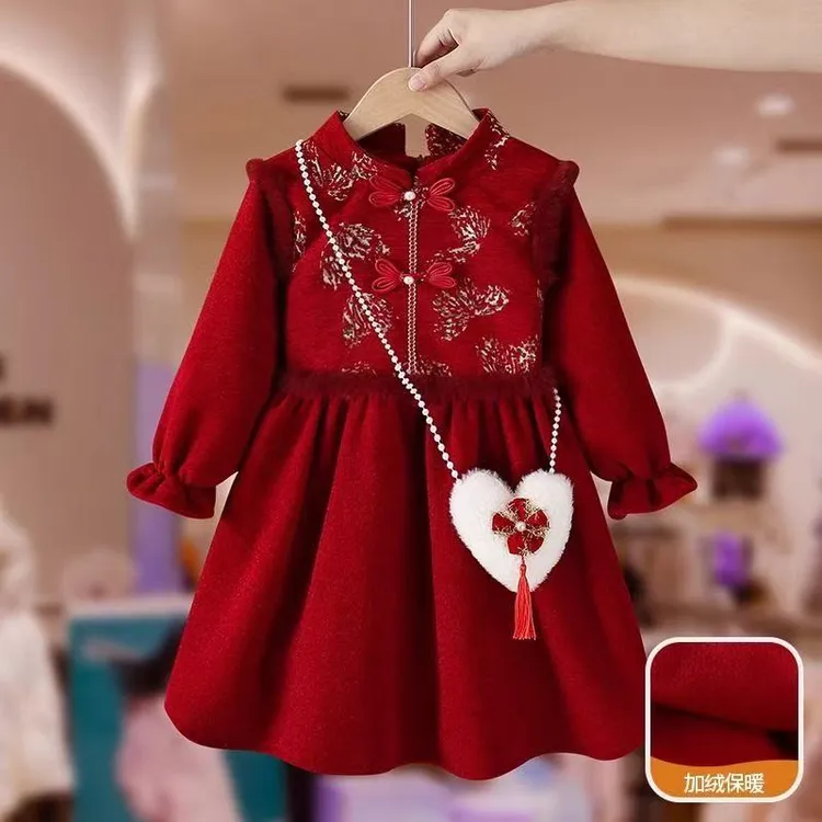 YeeHoO/英氏【断码】秋冬加厚女童中国风连衣裙 红色国风公主裙