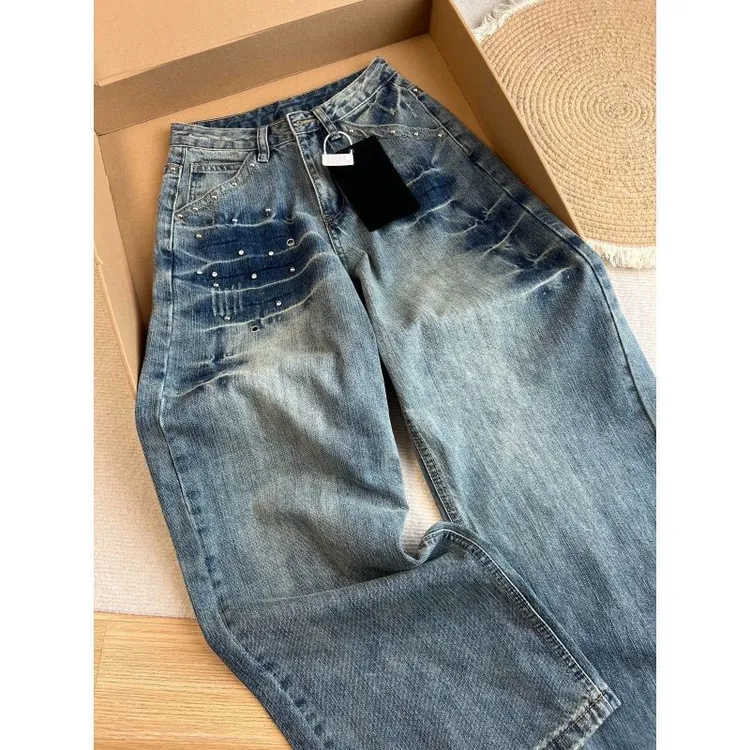 2025高街百搭美式复古铆钉新款设计小众阔腿裤水洗闪电低腰牛仔裤