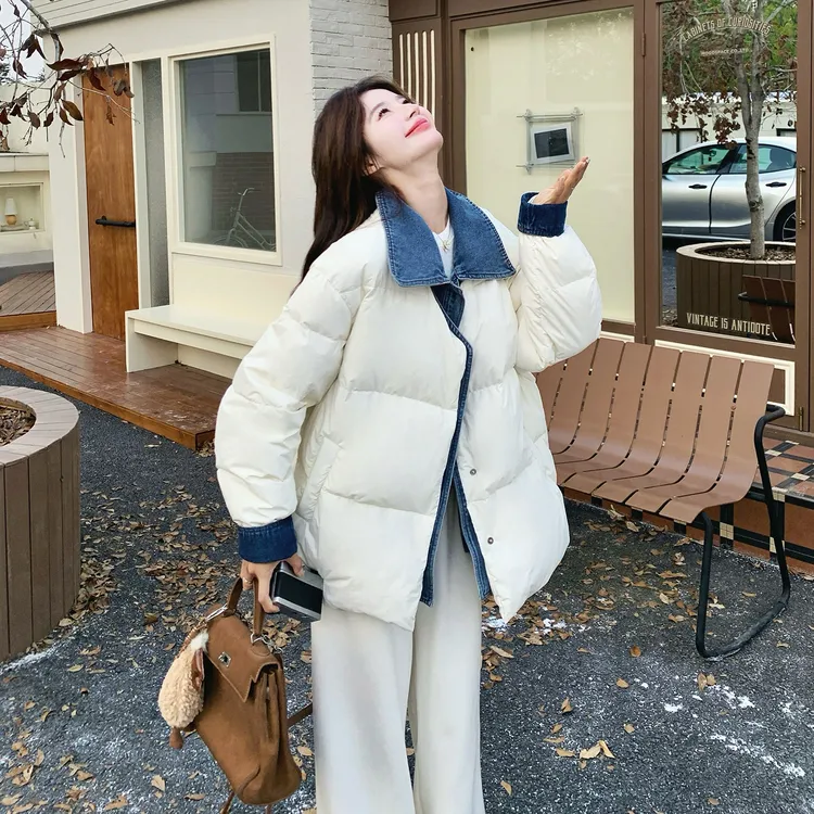 韩系设计感牛仔拼接假两件羽绒服女2025冬新款加厚保暖白鸭绒外套