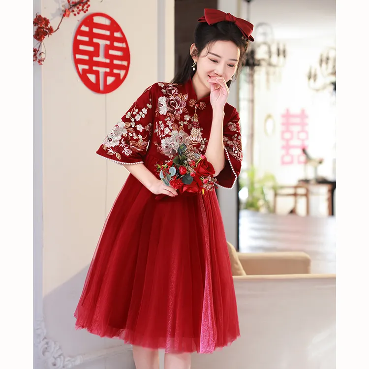 订婚短袖结婚敬酒服大码长款中式婚礼新娘礼服红色中国风遮肚礼服