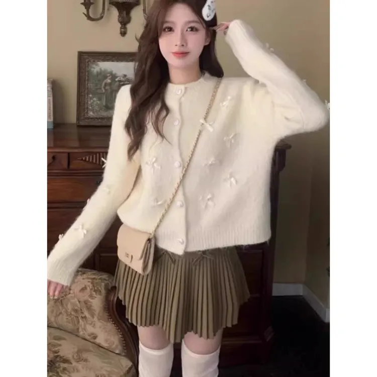 针织蝴蝶结短款冬季纯色毛针织衫名媛百搭上衣毛衣