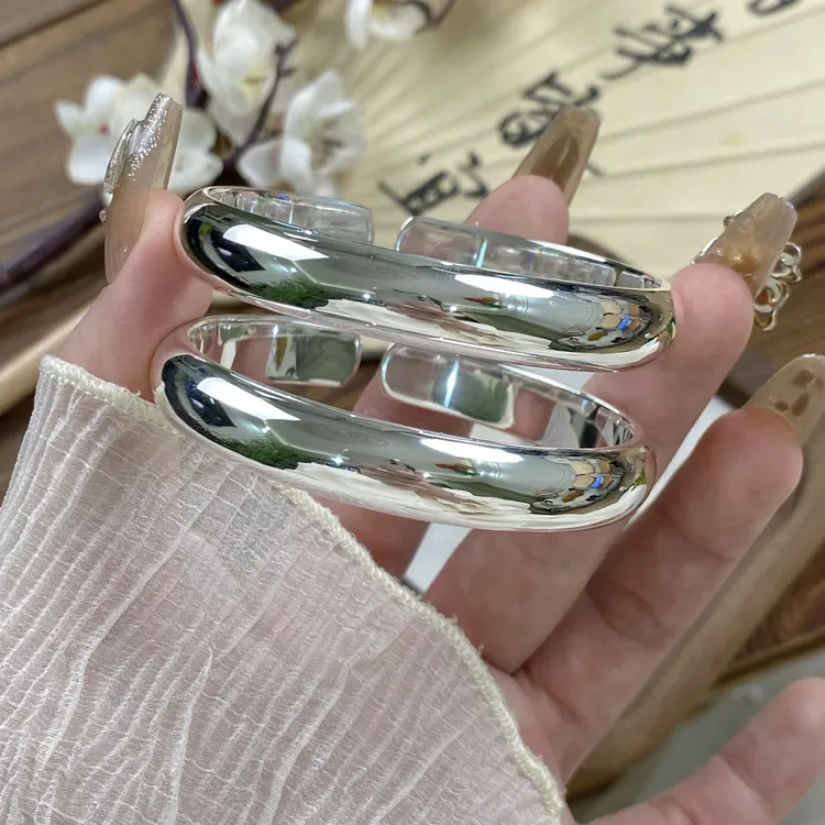 足银手镯  【光面泥鳅背】足银999.9开口约65克时尚经典百搭