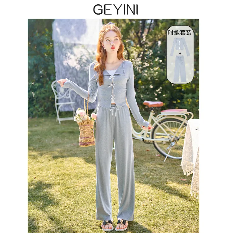 2025秋季新款女甜美蓝色小个子长袖T恤衫休闲裤子运动套装两件套