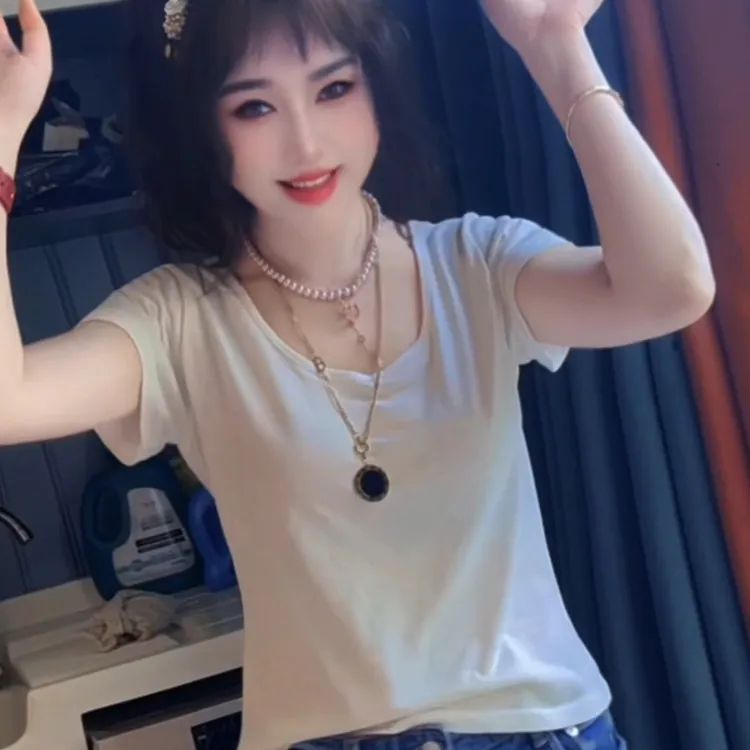 2025春夏新款纯棉U领唐丽修身显瘦基础短袖T恤上衣女